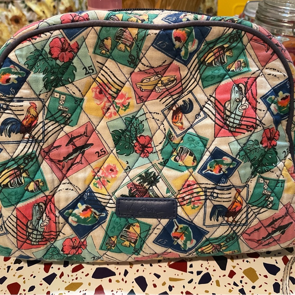 Vera Bradley “CUBAN STAMPS” Quilted Cosmetic Pouch in Teal, Pink, Navy